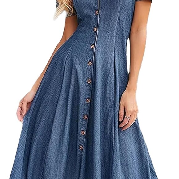 Women's Denim Shirt Dress Large Summer Short Sleeve V Neck A Line Swing - Picture 1 of 5